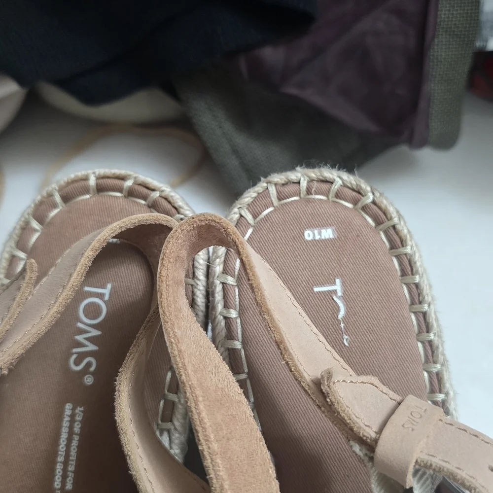 Toms Beige Canvas Espadrille Wedge Sandals with Tan Strap